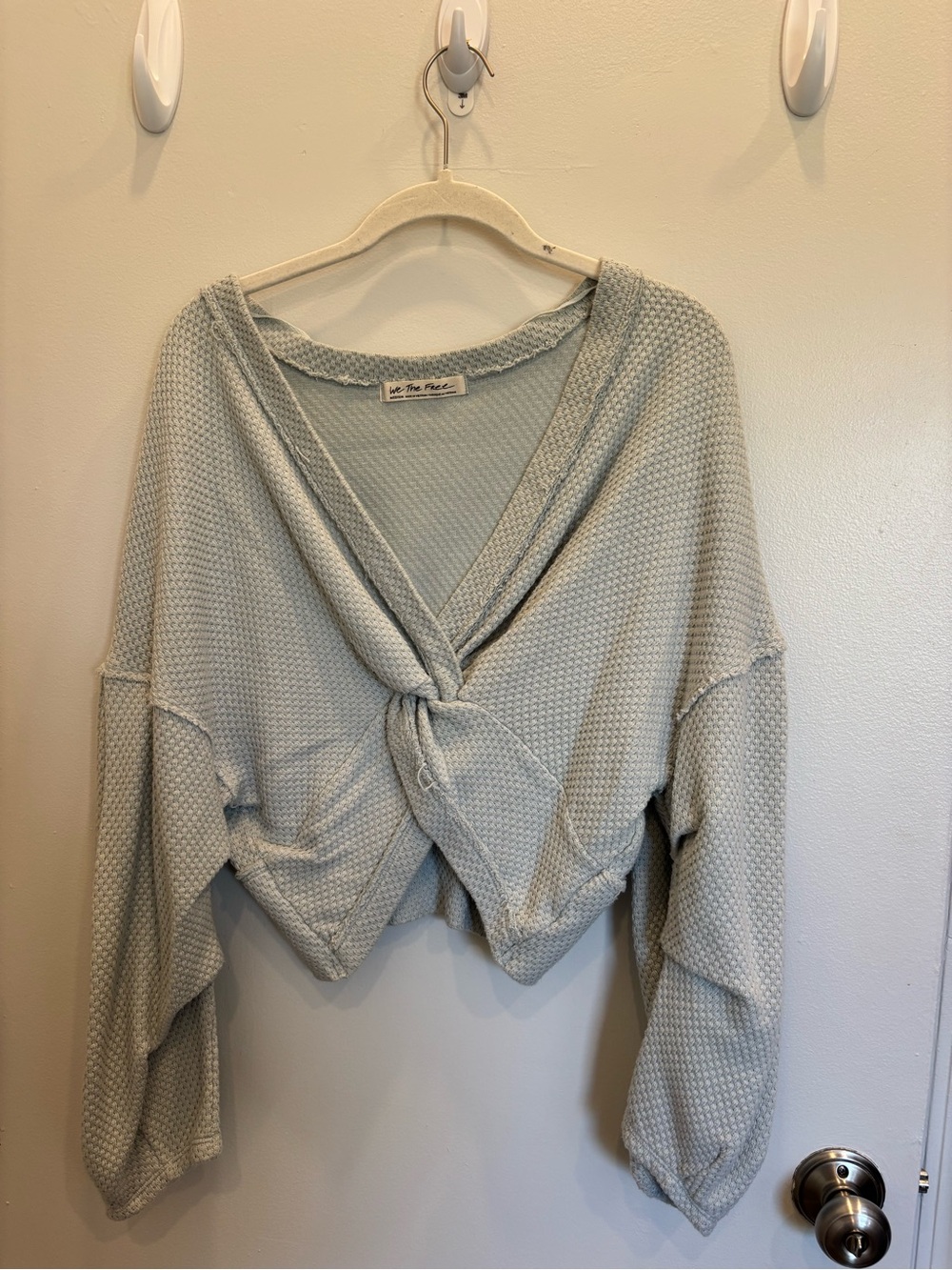 We The Free light gray/blue waffle knit top with front tie